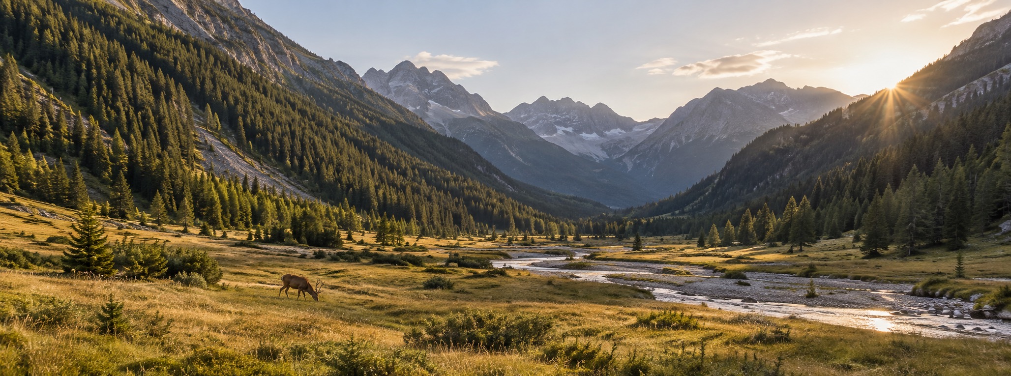 Val Trupchun valley floor in the Swiss National Park with steep forested slopes and a red deer grazing in the distance