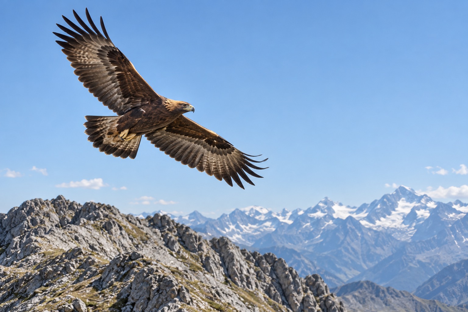 Golden eagle soaring above a rocky alpine ridgeline