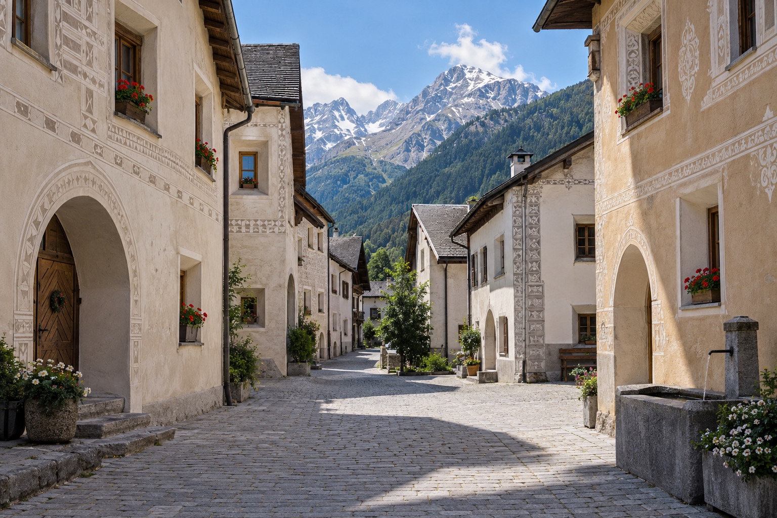 Zernez village street with traditional Engadine houses and mountains behind