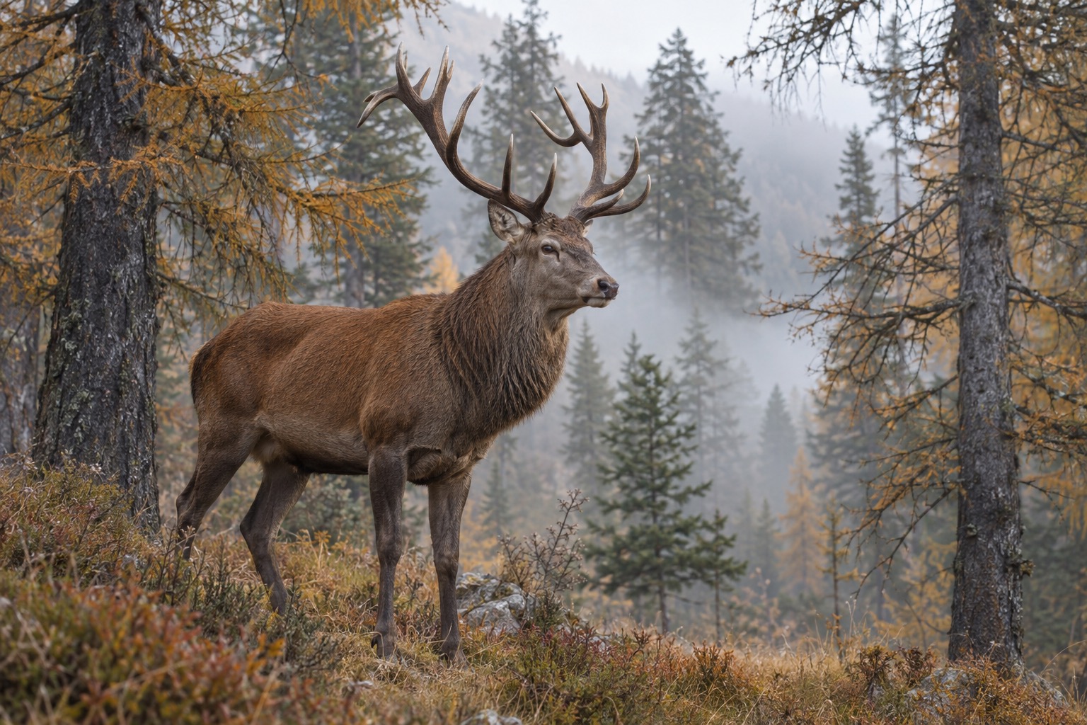 Red deer stag among trees in Val Trupchun during the autumn rut