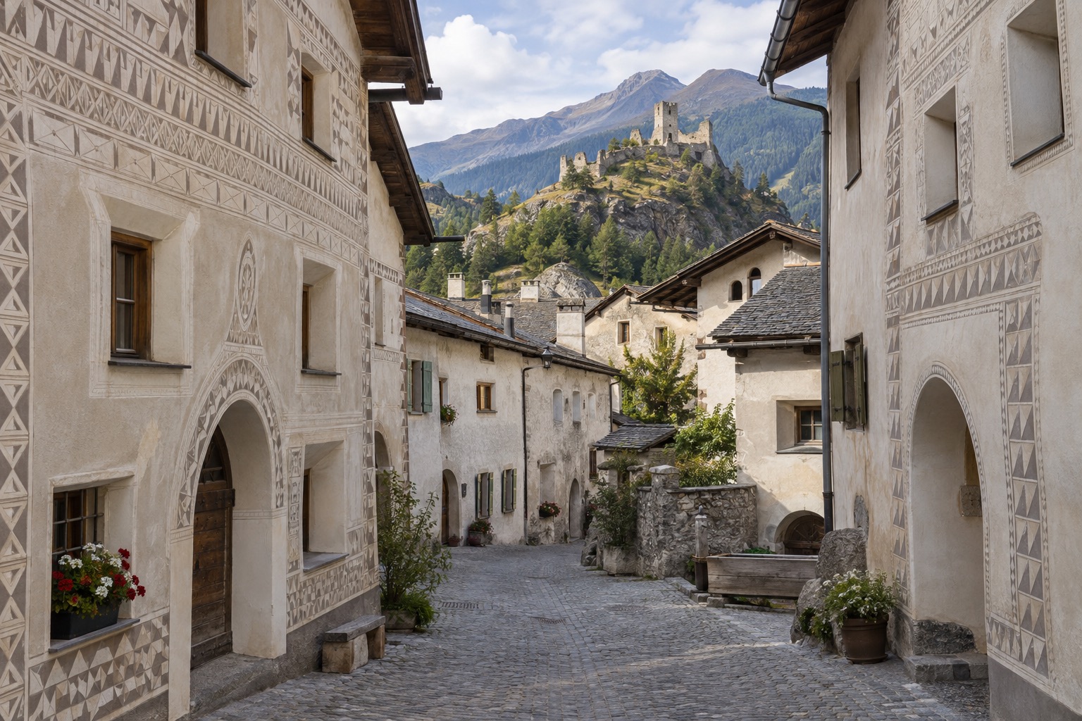Ardez village with narrow lanes, sgraffito house facades, and Steinsberg Castle ruins above