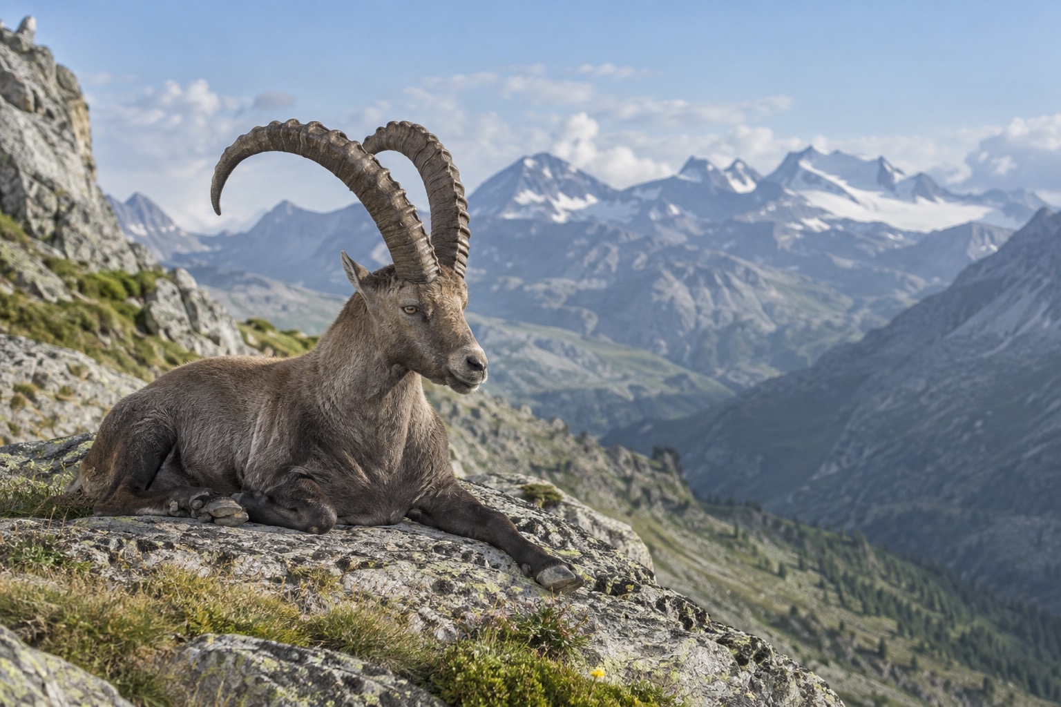 Alpine ibex with large curved horns resting on a rocky ledge above the treeline