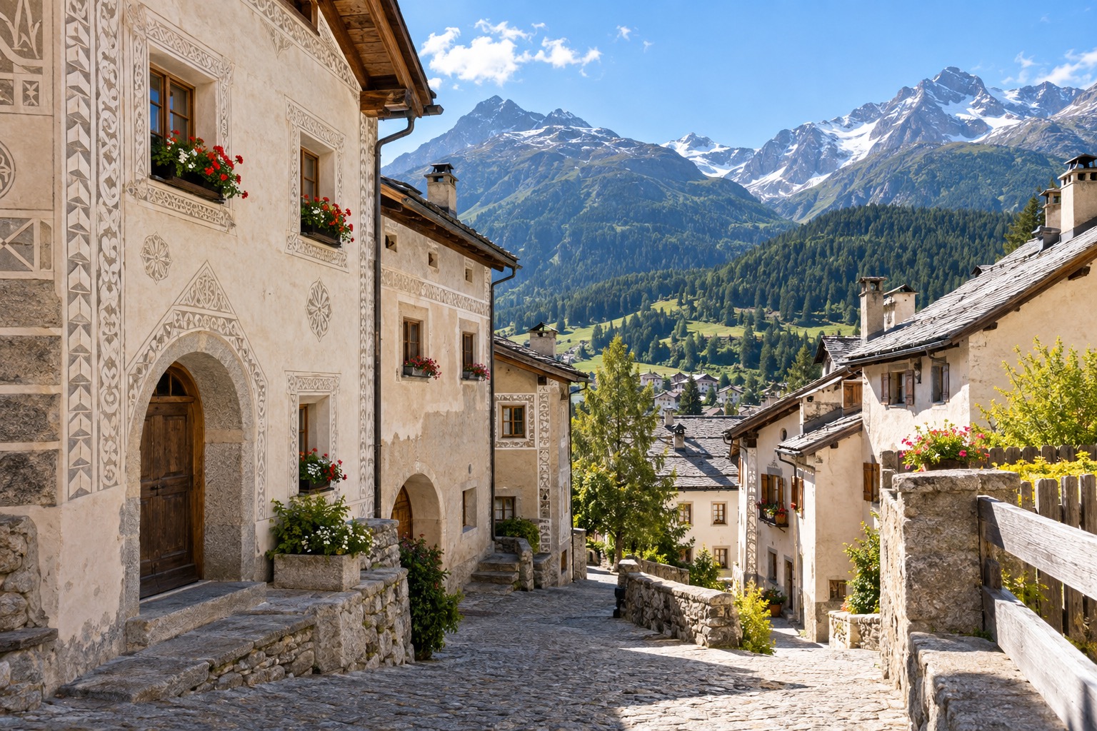 Guarda village with sgraffito-decorated house facades on a sunny alpine slope