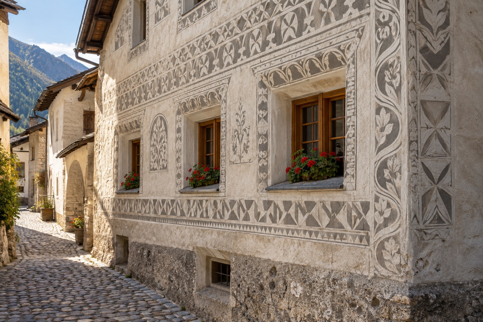 Engadine house facade in Guarda decorated with scratched sgraffito plasterwork